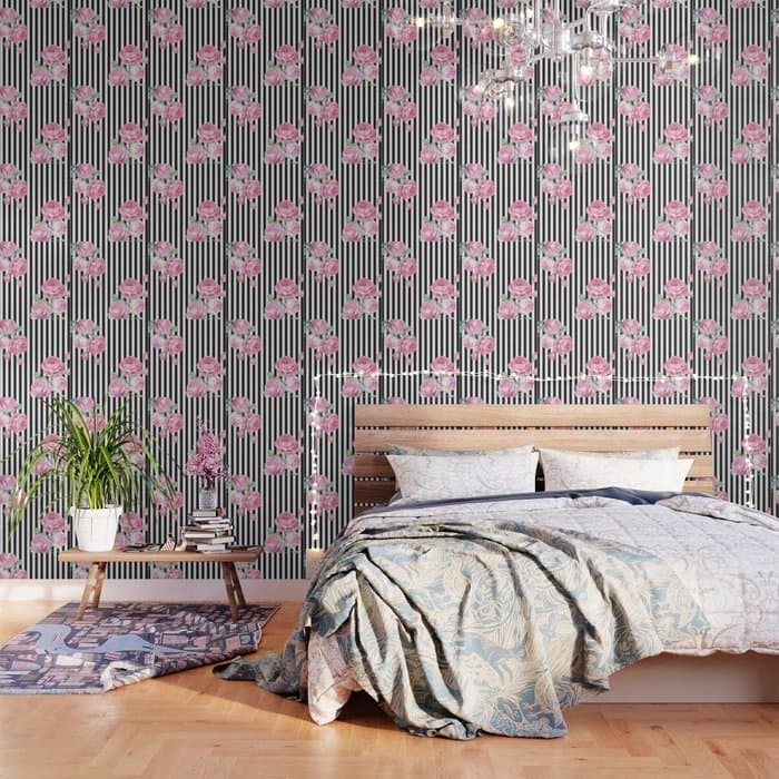 Black white blush pink watercolor floral stripes Wallpaper