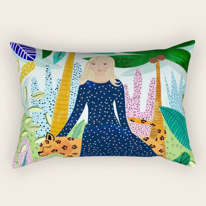 African Safari, Colorful Tropical Jungle Travel, Botanical Watercolor, Blonde Woman with a Leopard Rectangular Pillow