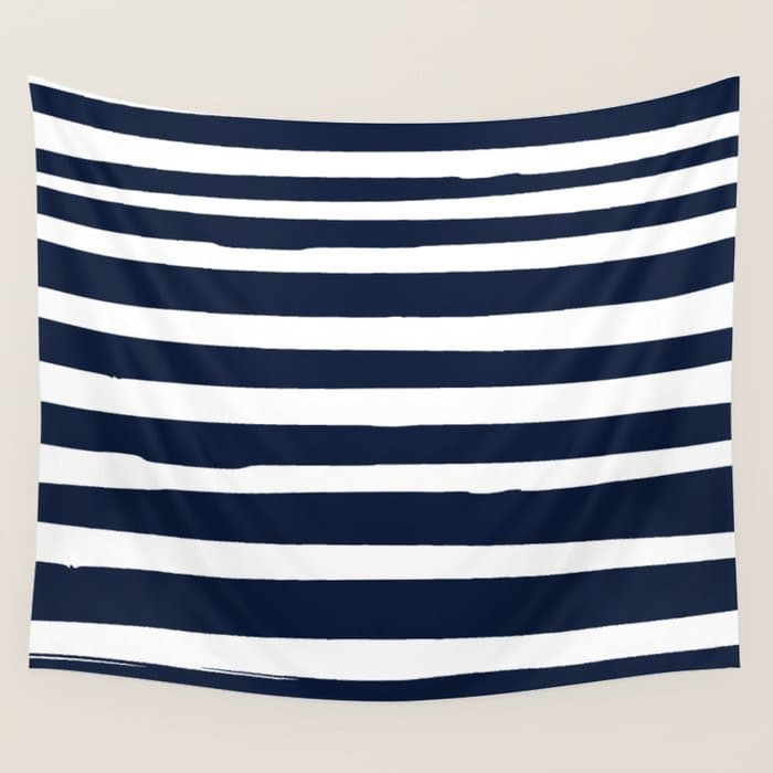 Ocean Stripes, Modern, Abstract, Navy Blue and White Wall Tapestry