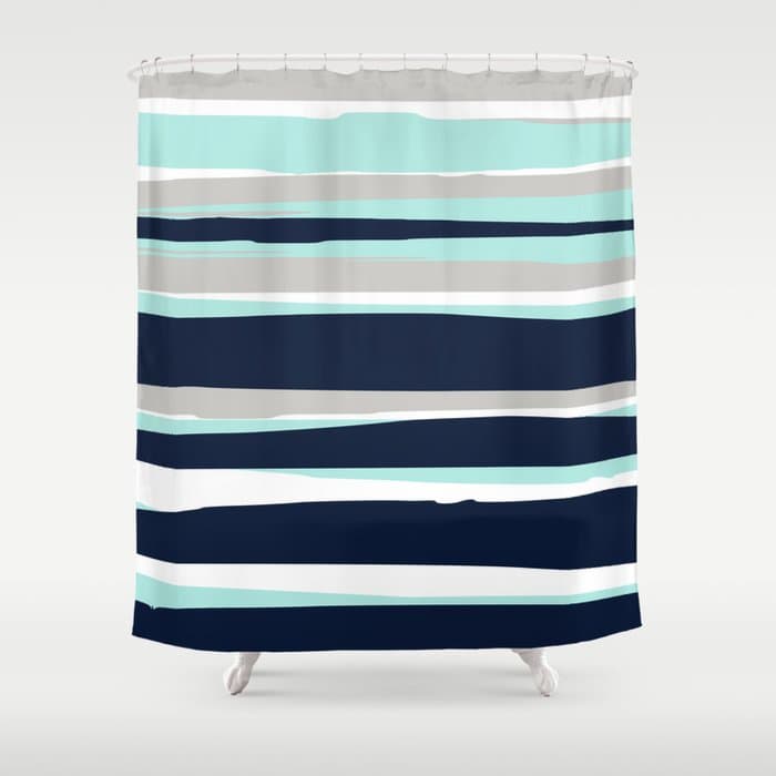 Ocean, Stripe Abstract Pattern, Navy, Aqua, Gray Shower Curtain