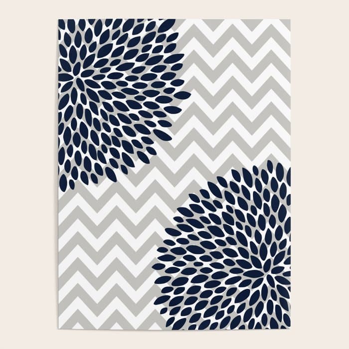 Chevron Floral Modern Navy and Grey Poster