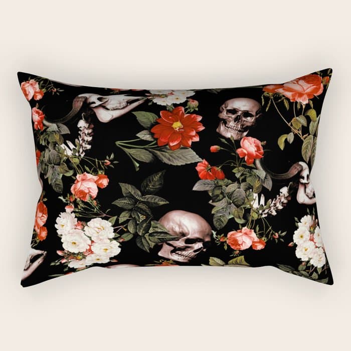 Floral and Skull Dark Pattern Rectangular Pillow