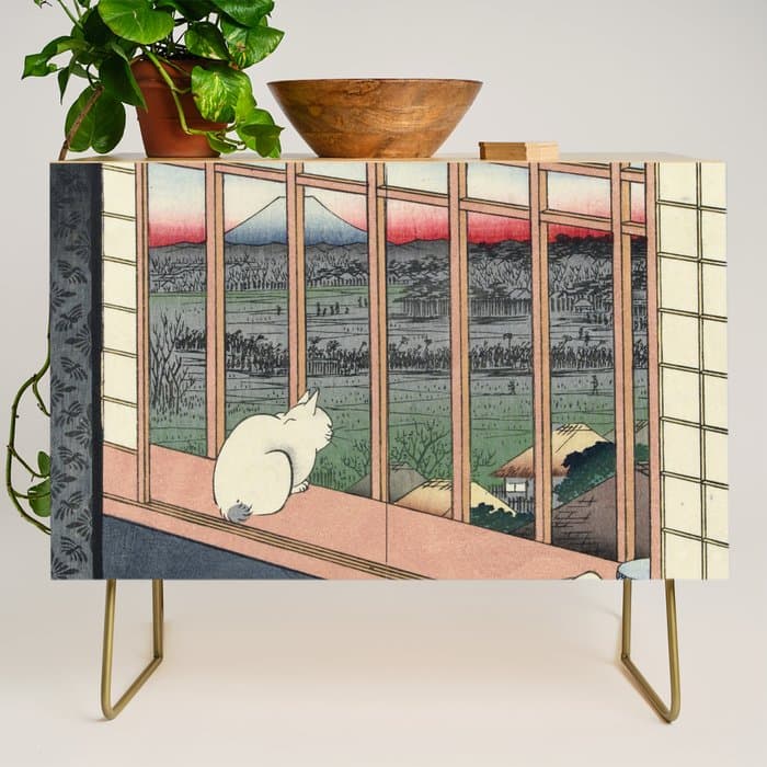 Utagawa Hiroshige Japanese Woodblock Cat Print Credenza