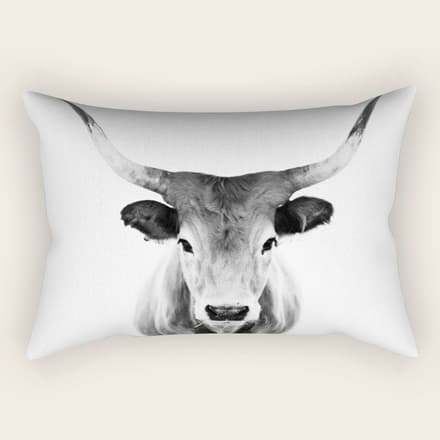 Wild Longhorn Cow Print - Black White Cow Portrait - Animal - Travel Photograpy Rectangular Pillow