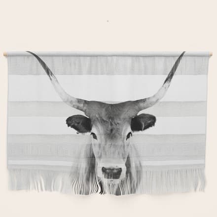 Wild Longhorn Cow Print - Black White Cow Portrait - Animal - Travel Photograpy Wall Hanging