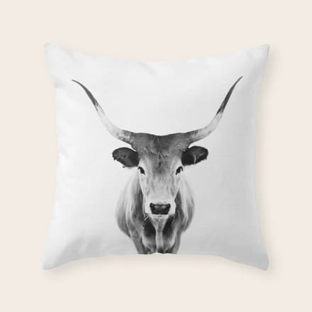 Wild Longhorn Cow Print - Black White Cow Portrait - Animal - Travel Photograpy Throw Pillow