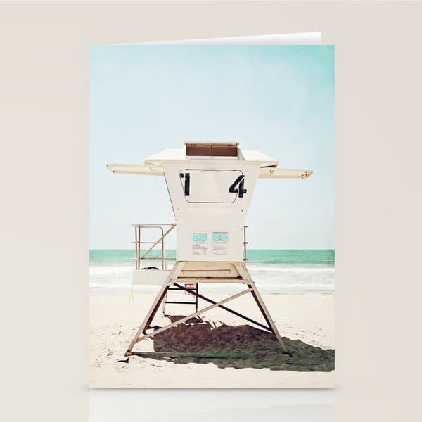 Lifeguard Stand, Beach Photography, San Diego California, Blue Aqua Seashore Ocean Summer Art Stationery Card