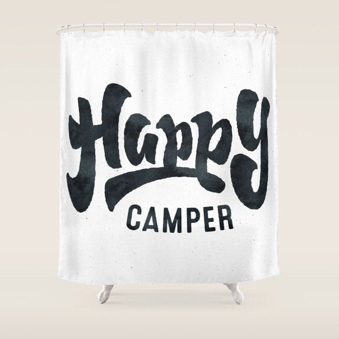HAPPY CAMPER Black and White Retro Shower Curtain