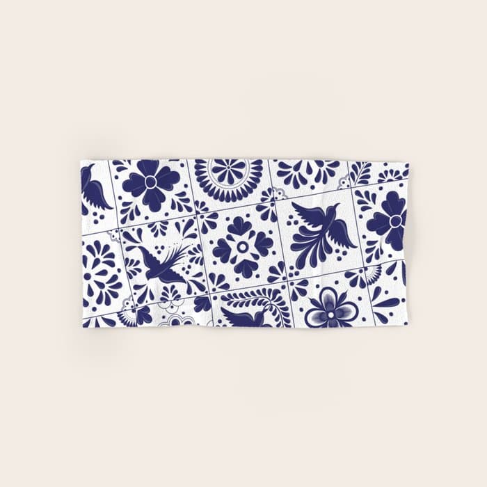 Mexican Talavera Blue Tiles Pattern by Akbaly Bath Towel
