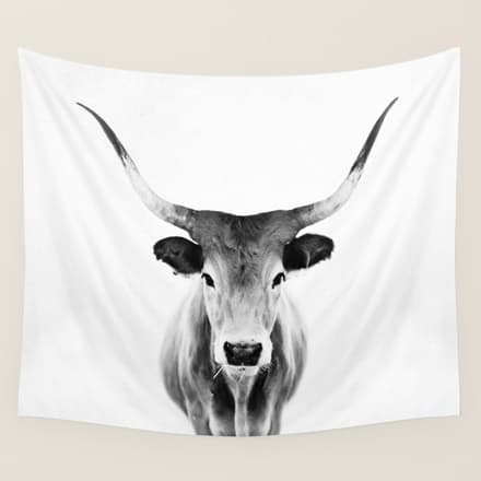 Wild Longhorn Cow Print - Black White Cow Portrait - Animal - Travel Photograpy Wall Tapestry