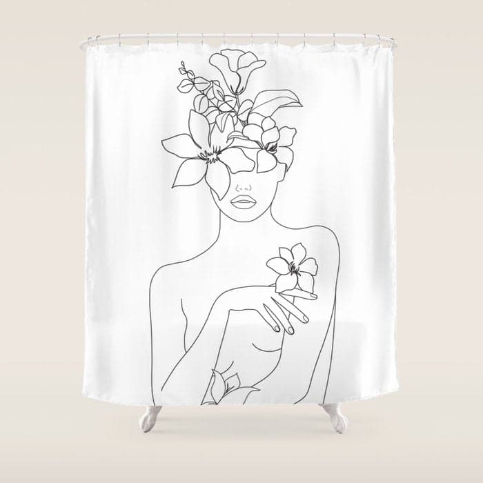 Minimal Line Art Woman with Flowers IV Shower Curtain