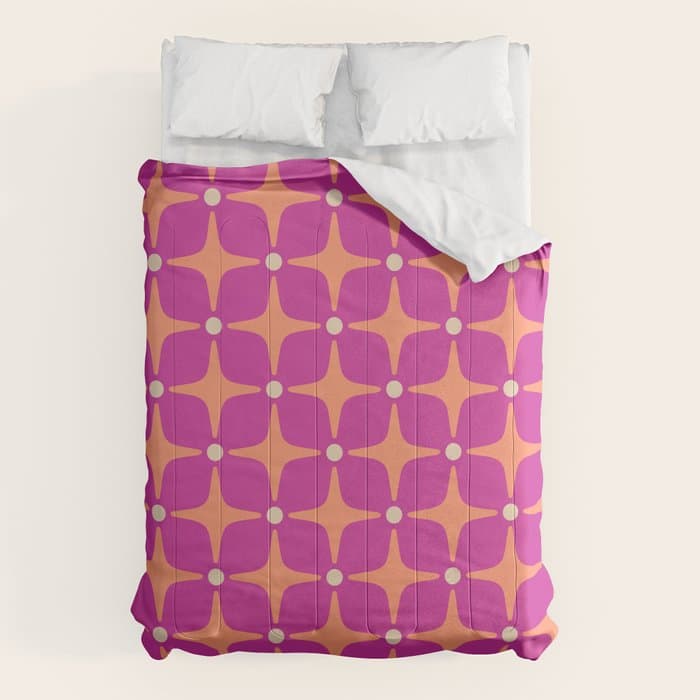 Mid Century Modern Star Pattern 143 Magenta and Orange Comforter