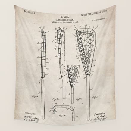 Lacrosse Stick Patent - Lacrosse Player Art - Antique Wall Tapestry