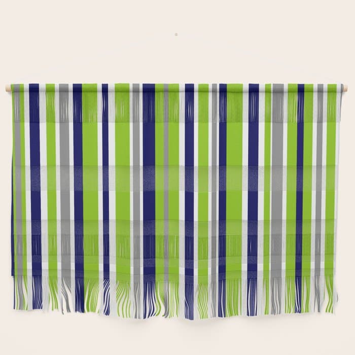 Lime Green Bright Navy Blue Gray and White Vertical Stripes Pattern Wall Hanging