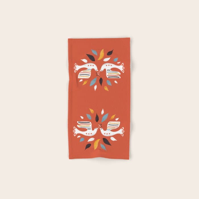 Festive doves - folk illustration Bath Towel