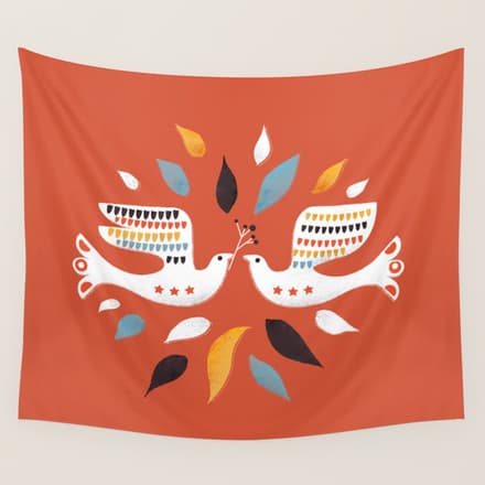 Festive Doves - Folk Illustration Wall Tapestry