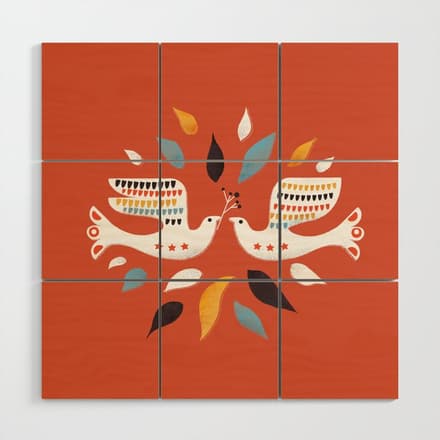 Festive Doves - Folk Illustration Wood Wall Art