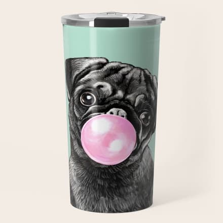 Bubble Gum Black Pug In Green Travel Mug