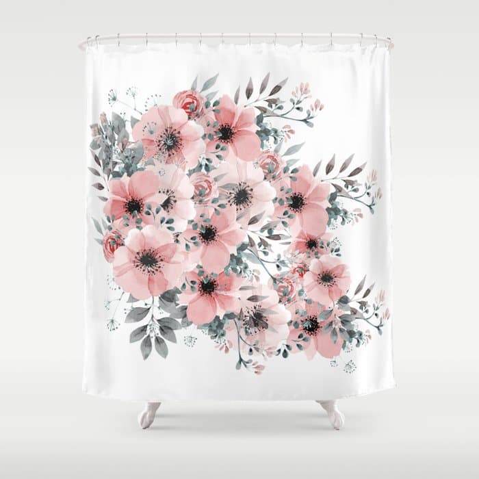Watercolor Flower, Blush Pink and Gray, Floral Prints Shower Curtain