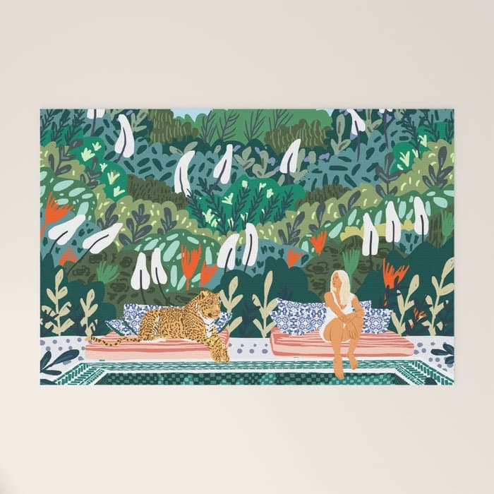Chilling by the pool with my leopard Tropical Jungle Nature Wildlife Bohemian Morocco Travel Welcome Mat