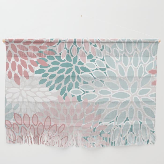 Floral Bloom, Teal, Green, Pink and White Wall Hanging