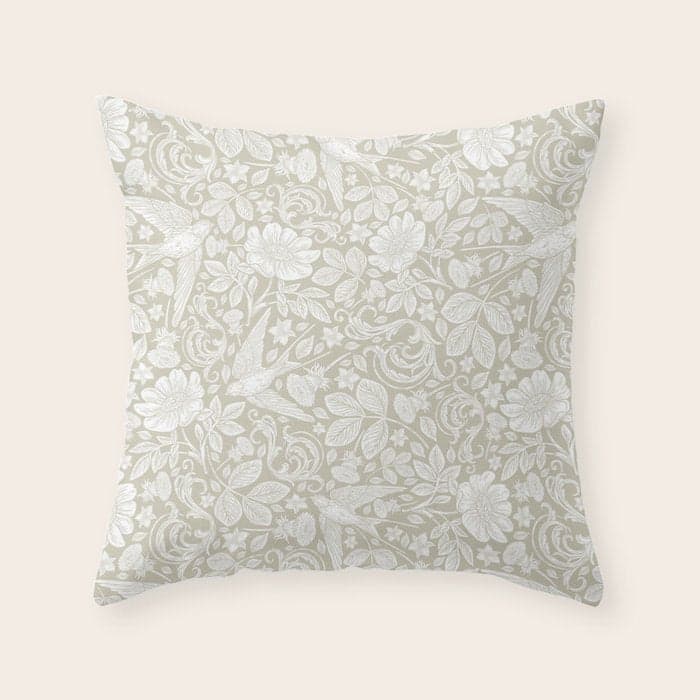 Vintage Elegant White Ivory Cream Swallows Floral Throw Pillow