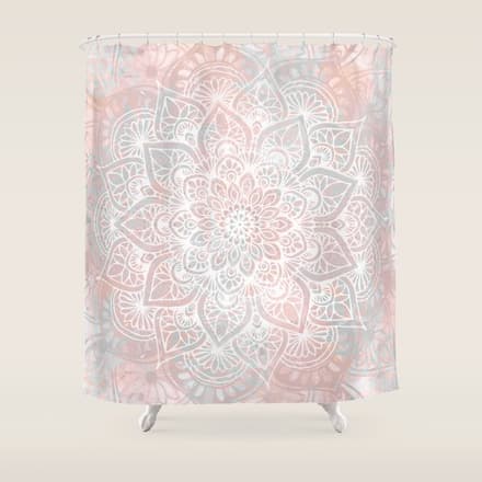 Mandala, Yoga, Love, Coral And Gray, Wall Art Boho Shower Curtain