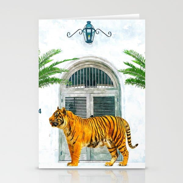 94 Tropical, Greece Architecture Buildings Tiger Wild Cat Watercolor Palm Travel Bohemian Painting Stationery Card