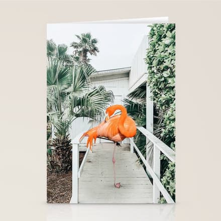 Flamingo Beach House, Wildlife Architecture Jungle Photography, Eclectic Birds Digital Art Stationery Card