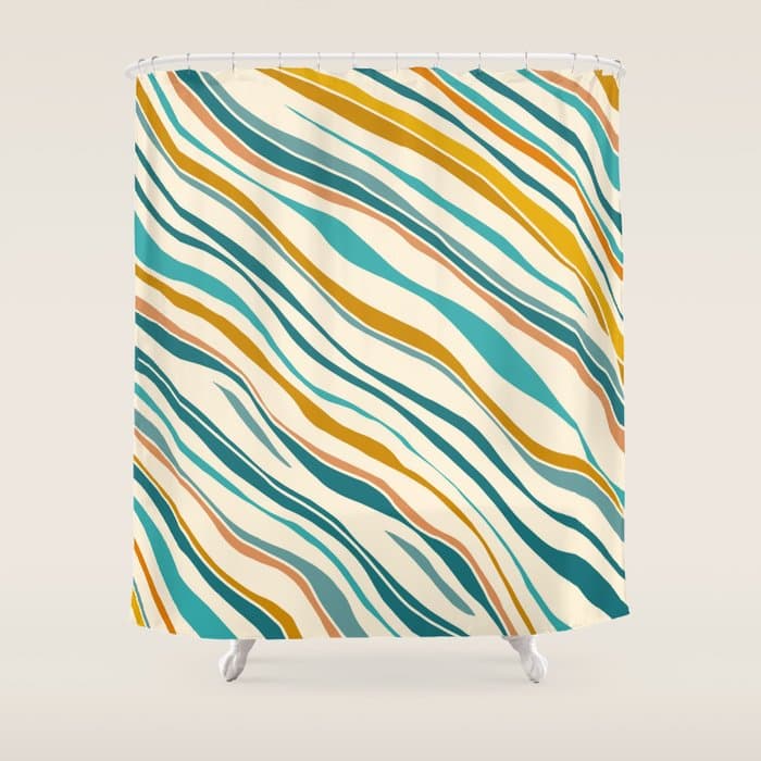 Teal and Gold Ocean Stripes Shower Curtain