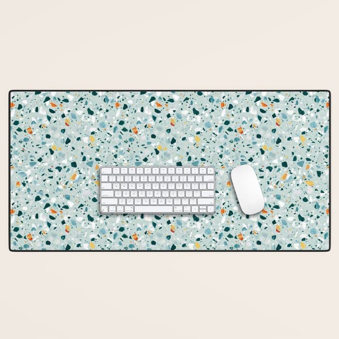 Mint Terrazzo, Eclectic Marble Texture Pattern, Colorful Neutral Pastel Illustration, Floor Tiles Desk Mat