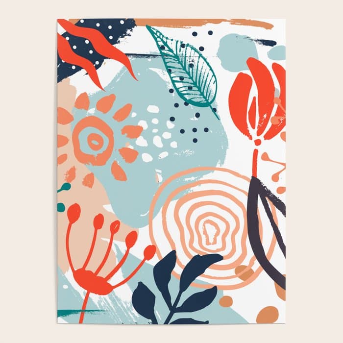 Summer Abstract, Floral Prints, Orange, Teal, Blue, Colourful Prints. Poster