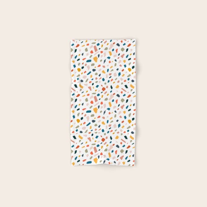 Terrazzo, Abstract Quirky Shapes Bohemian Modern Pattern Confetti Celebration Random Colorful Shapes Bath Towel