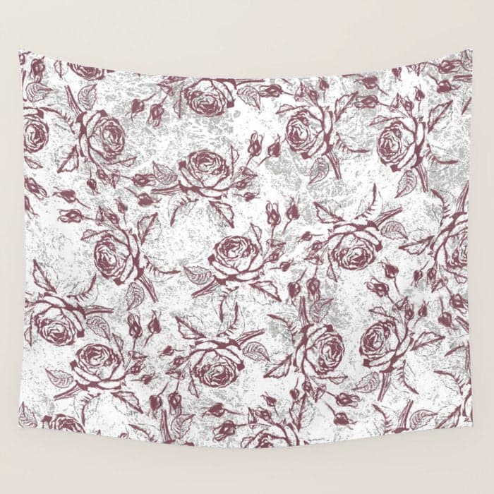 Vintage white gray burgundy floral marble Wall Tapestry