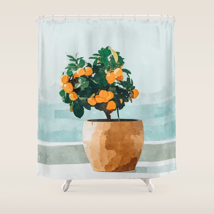 Orange Tree, Plant Pot Nature Botanical Bonsi Illustration, Modern Simple Bohemian Painting Shower Curtain