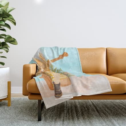 Music Soothes My Soul | Urban Hippie Bohemian Woman Playing The Guitar | Plant Lady Painting Throw Blanket