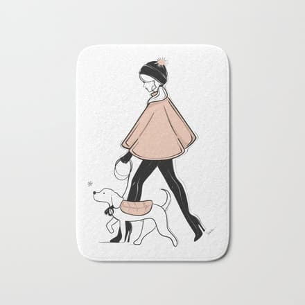 Winter Walk With My Pup Fashion Illustration Bath Mat