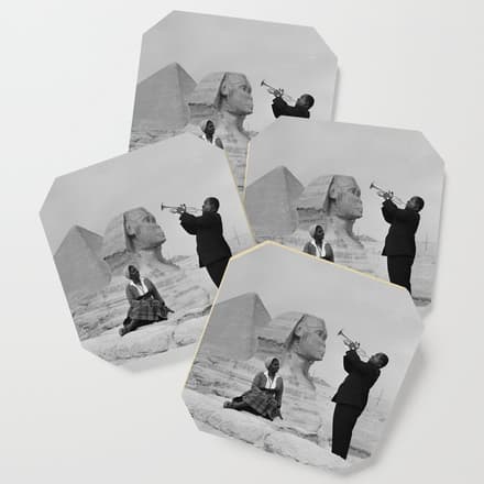 Louis Armstrong At The Spinx And Egyptian Pyrimids Vintage Black And White Photography / Photographs Coaster