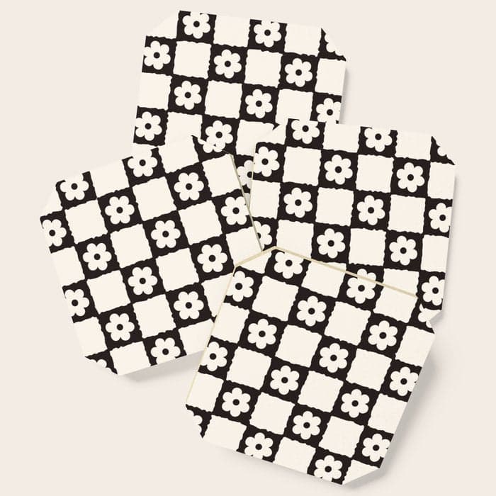 Retro Flower Checker in Black&White Coaster