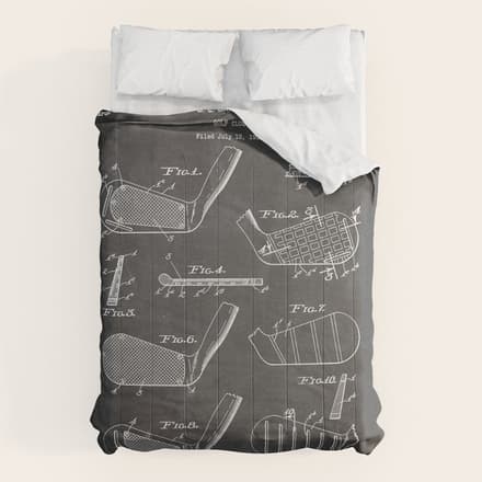 Golf Clubs Patent - Golfing Art - Black Chalkboard Comforter