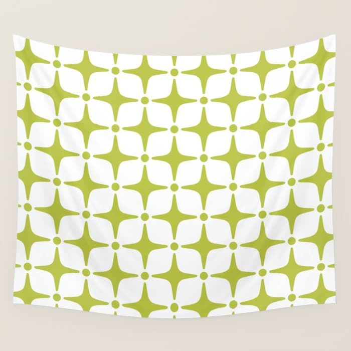 Mid Century Modern Star Pattern Chartreuse Green Wall Tapestry