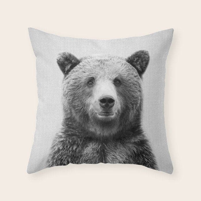 Grizzly Bear - Black & White Throw Pillow