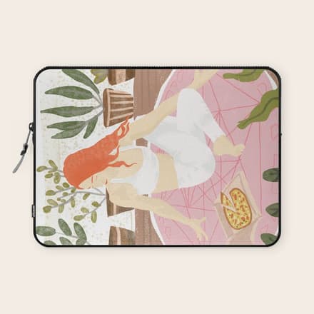 Yoga + Pizza, Red Head Woman Work Out Stay At Home, Ginger Plant Lady Home Decor Food Illustration Laptop Sleeve