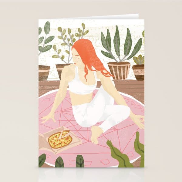 Yoga + Pizza, Red Head Woman Work Out Stay At Home, Ginger Plant Lady Home Decor Food Illustration Stationery Card