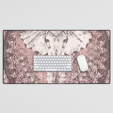 Bohemian, Elephant, Mandala, Blush, Moon Desk Mat