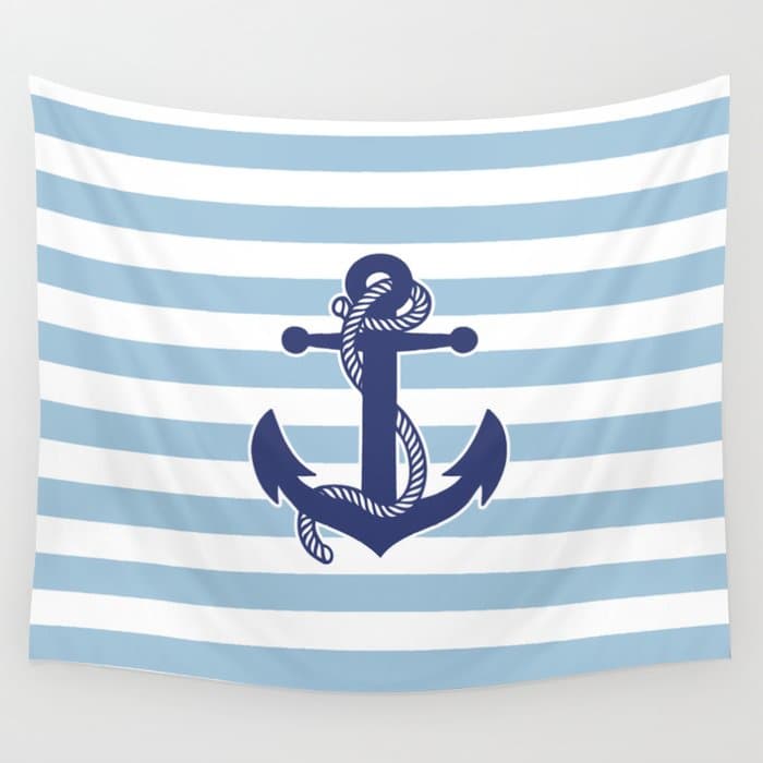 Retro Navy Anchor and Stripes Pattern 226 Blue Wall Tapestry