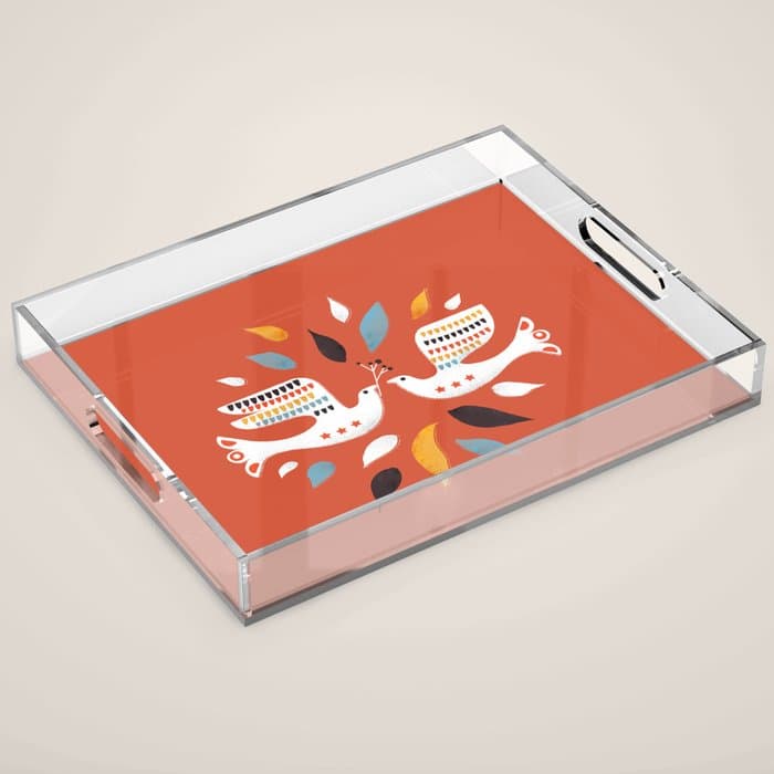 Festive doves - folk illustration Acrylic Tray