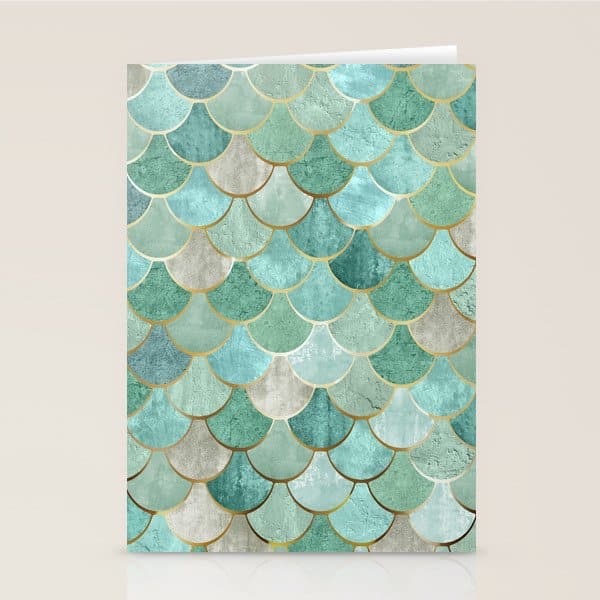 Moroccan Mermaid Fish Scale Pattern, Green and Gold Stationery Card