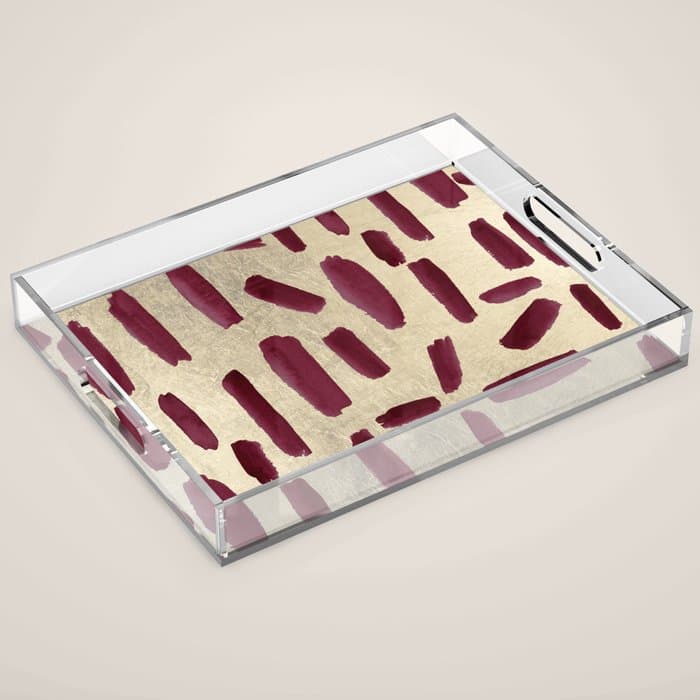 Modern burgundy gold watercolor brushstrokes Acrylic Tray