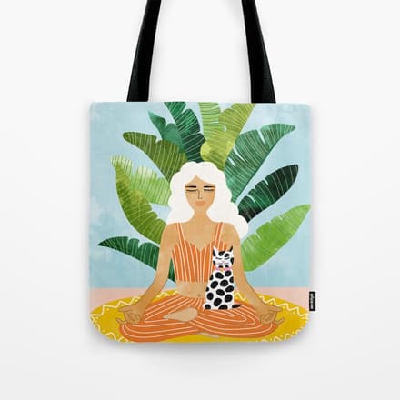 Meditation With Thy Cat Poster | Blonde Woman Of Color | Tropical Banana Leaves Quirky Pet Workout  Tote Bag